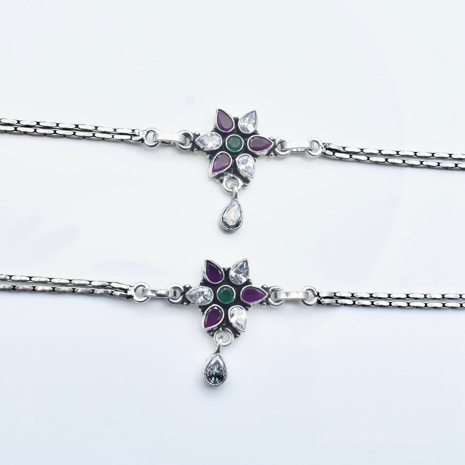 Floral Link Antique Silver Anklet