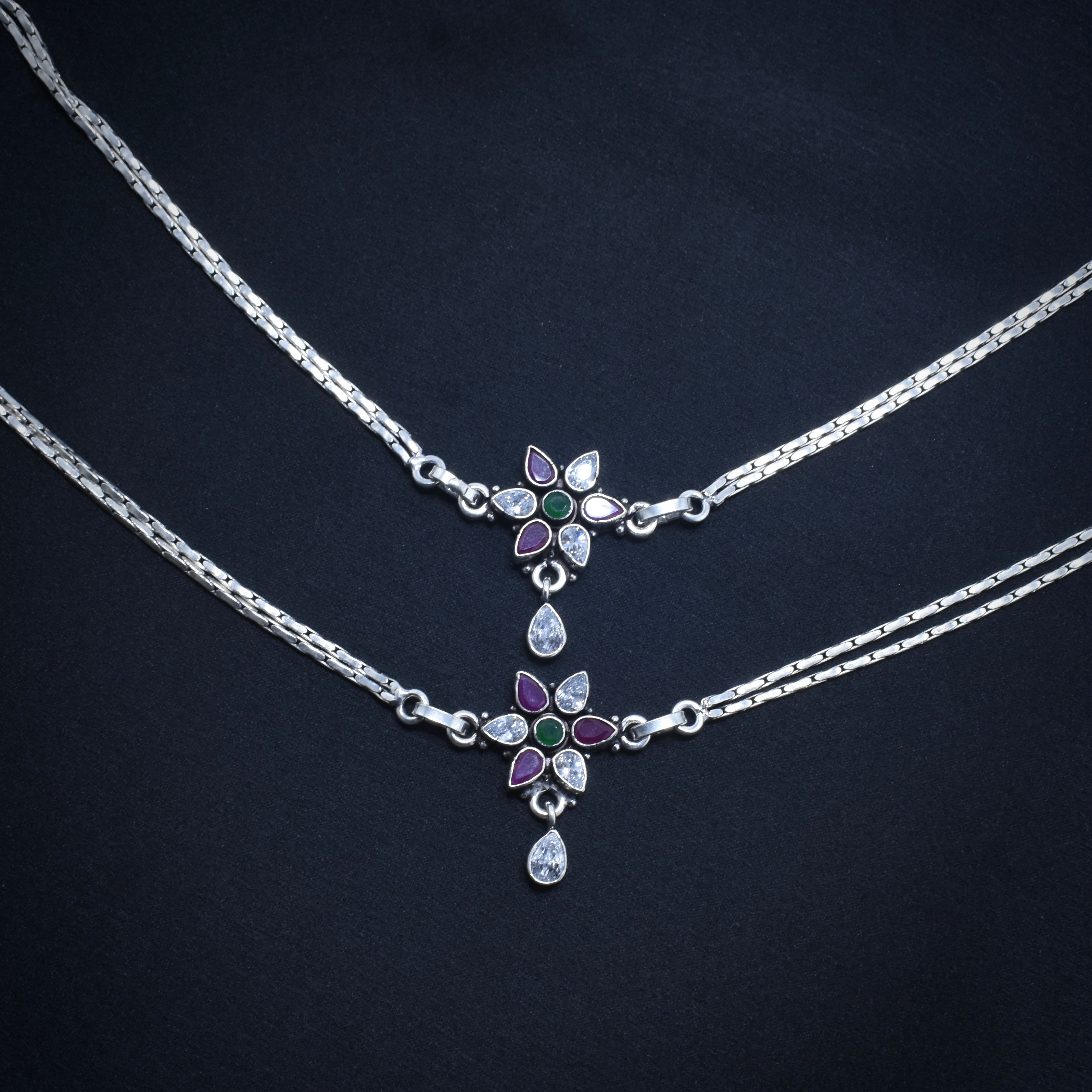 Floral Link Antique Silver Anklet