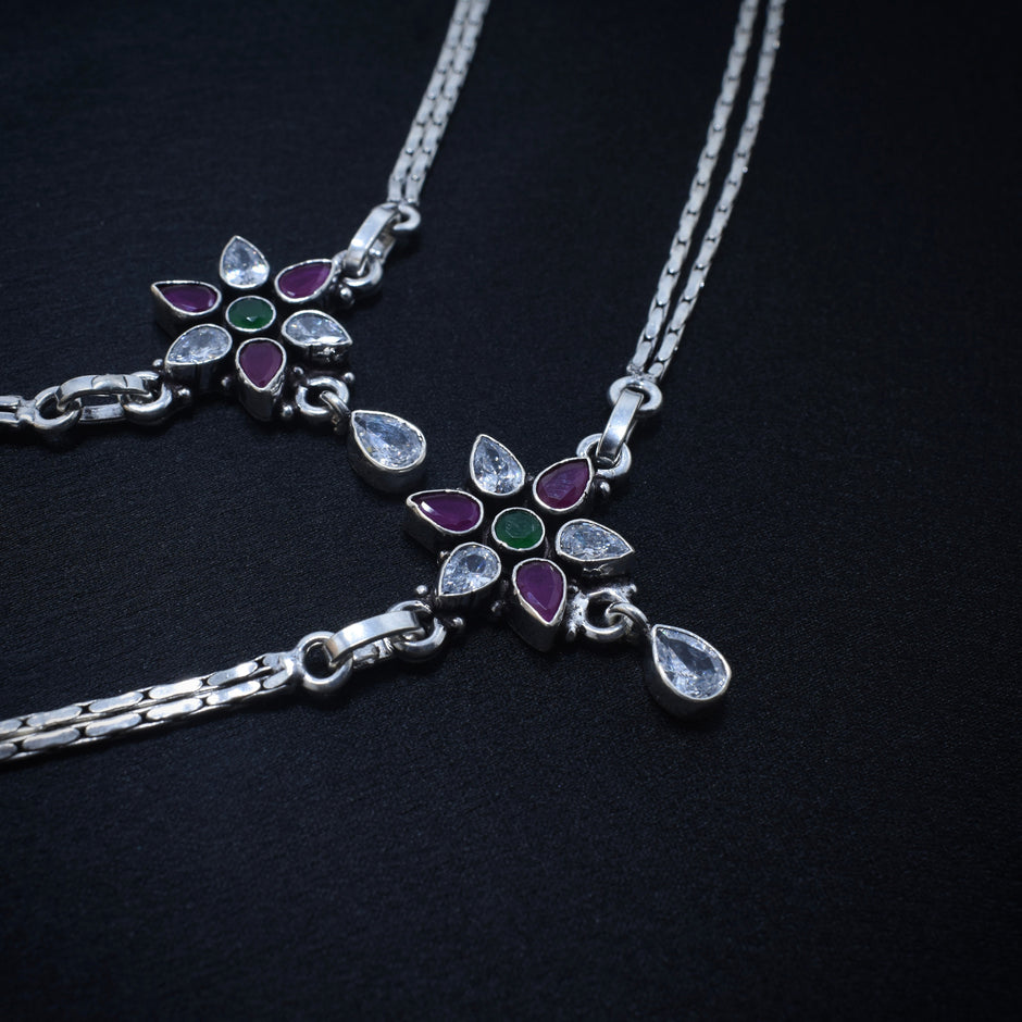 Floral Link Antique Silver Anklet