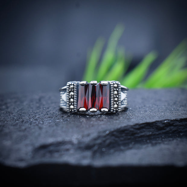 Antique Silver Maroon Groove Band ring