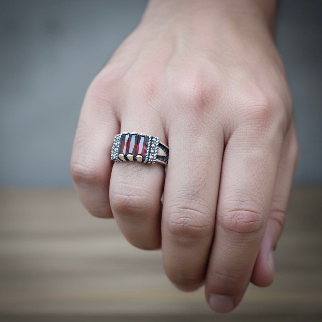 Antique Silver Maroon Groove Band ring