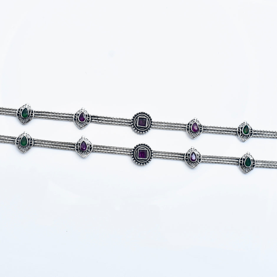 Dual Colour Stone Antique 925 Silver Anklet