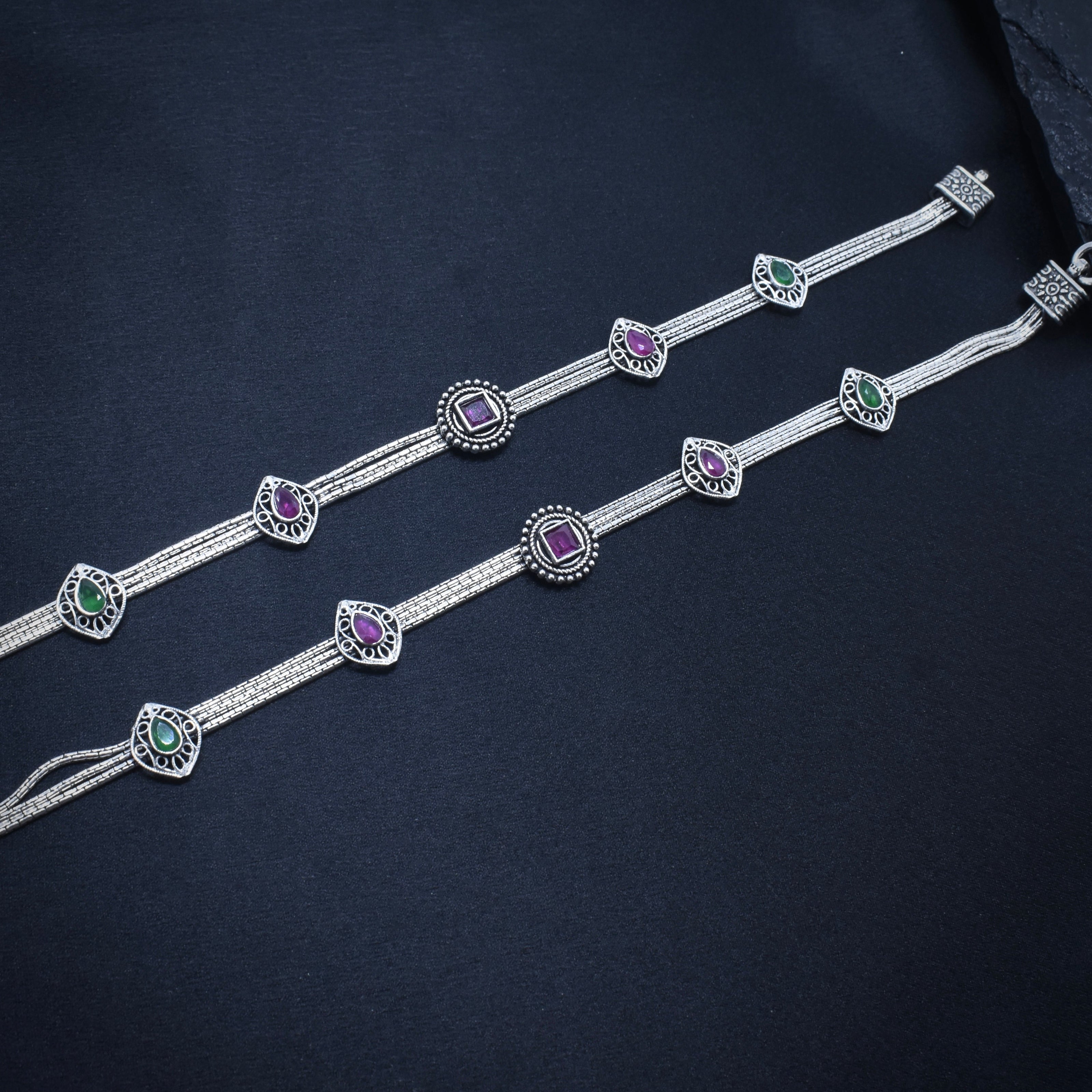 Dual Colour Stone Antique 925 Silver Anklet
