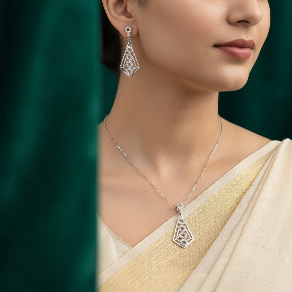 Oval Cluster Silver Pendant Set