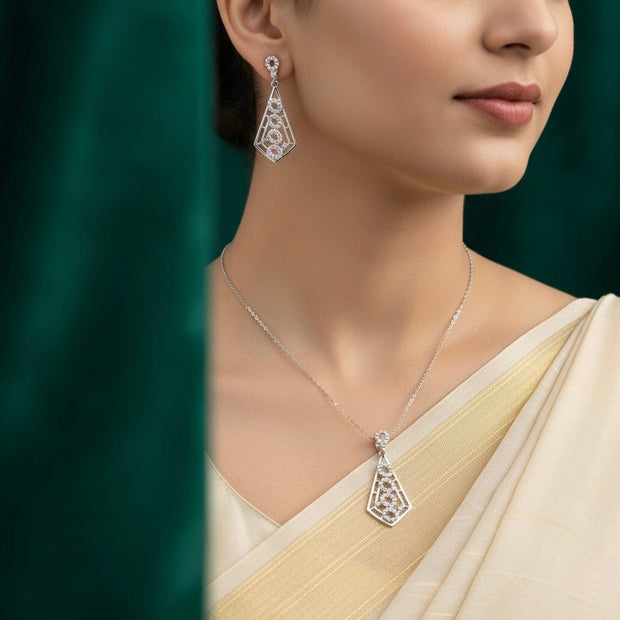 Oval Cluster Silver Pendant Set