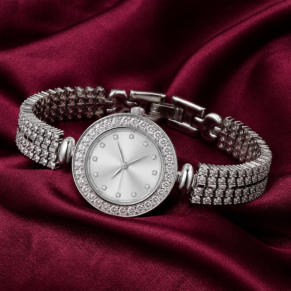 Triple Row Pavé Luxury Silver Watch
