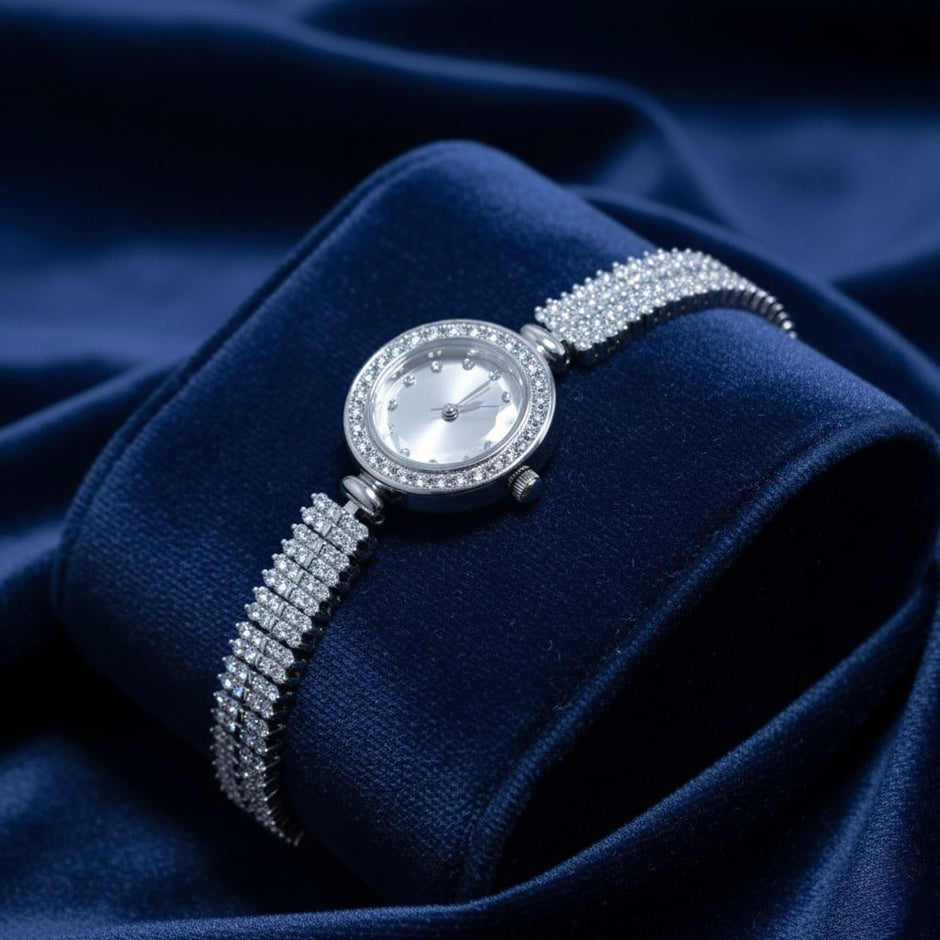 Triple Row Pavé Luxury Silver Watch