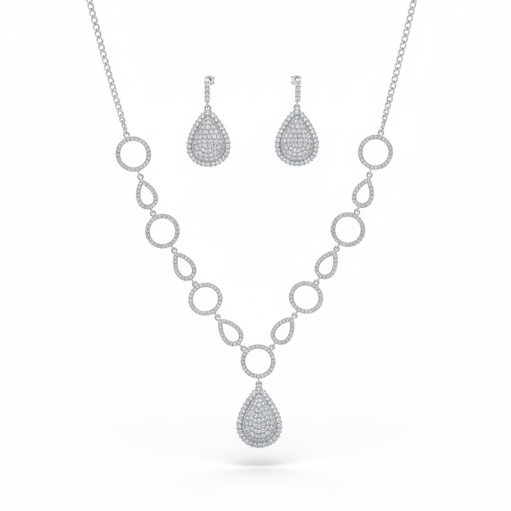 Circular Teardrop Necklace Silver Set