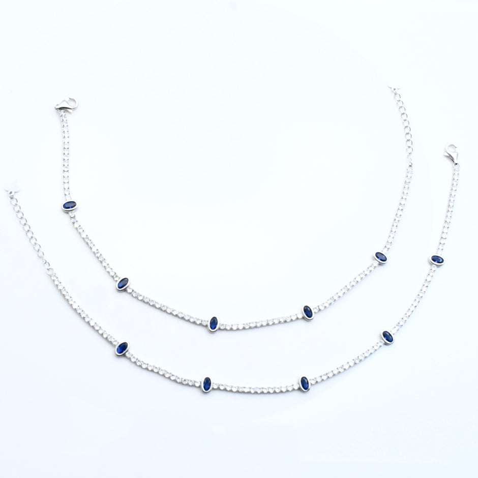 Blue Oval Stone Silver Anklet