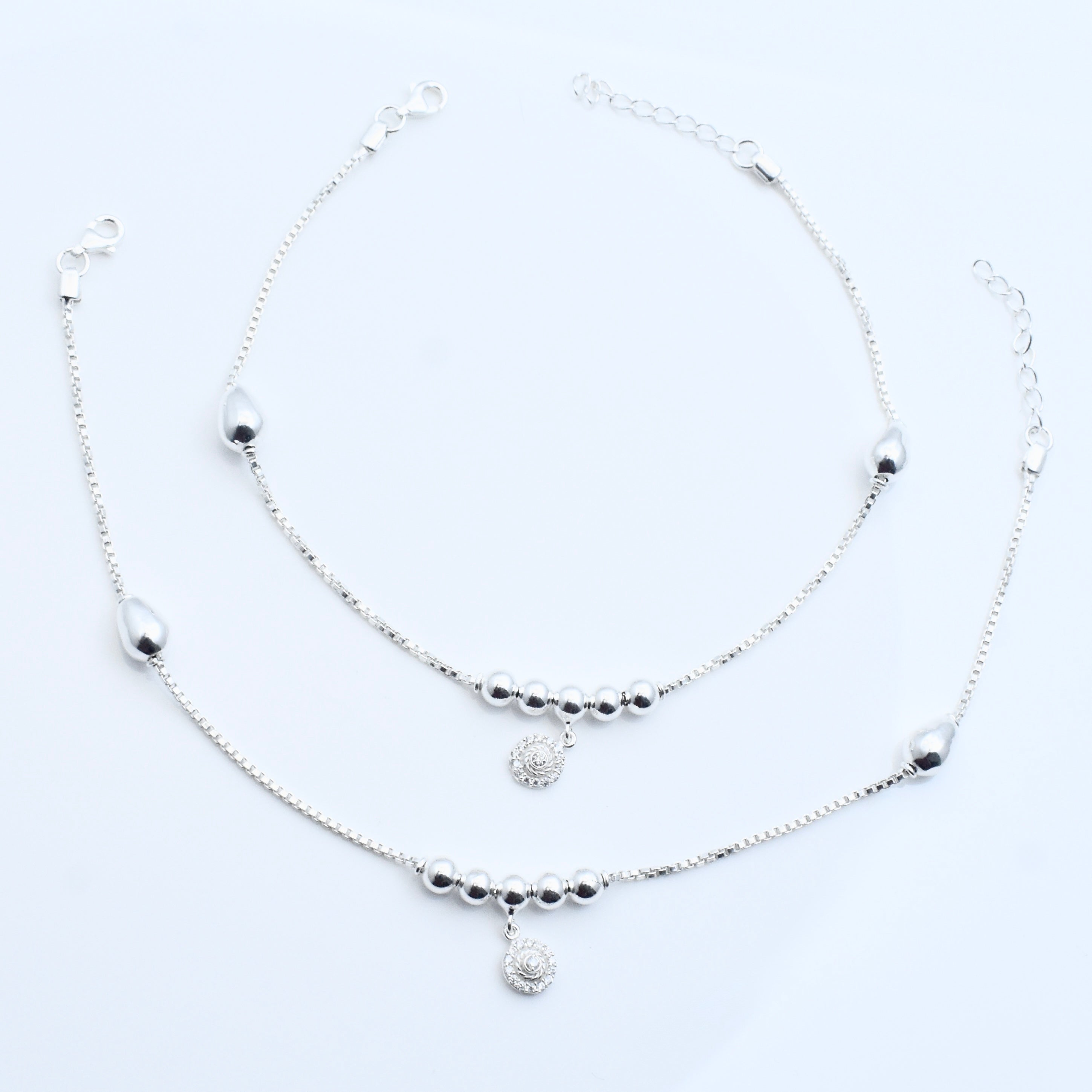 Teardrop Bead Sterling Silver Anklet with Charm