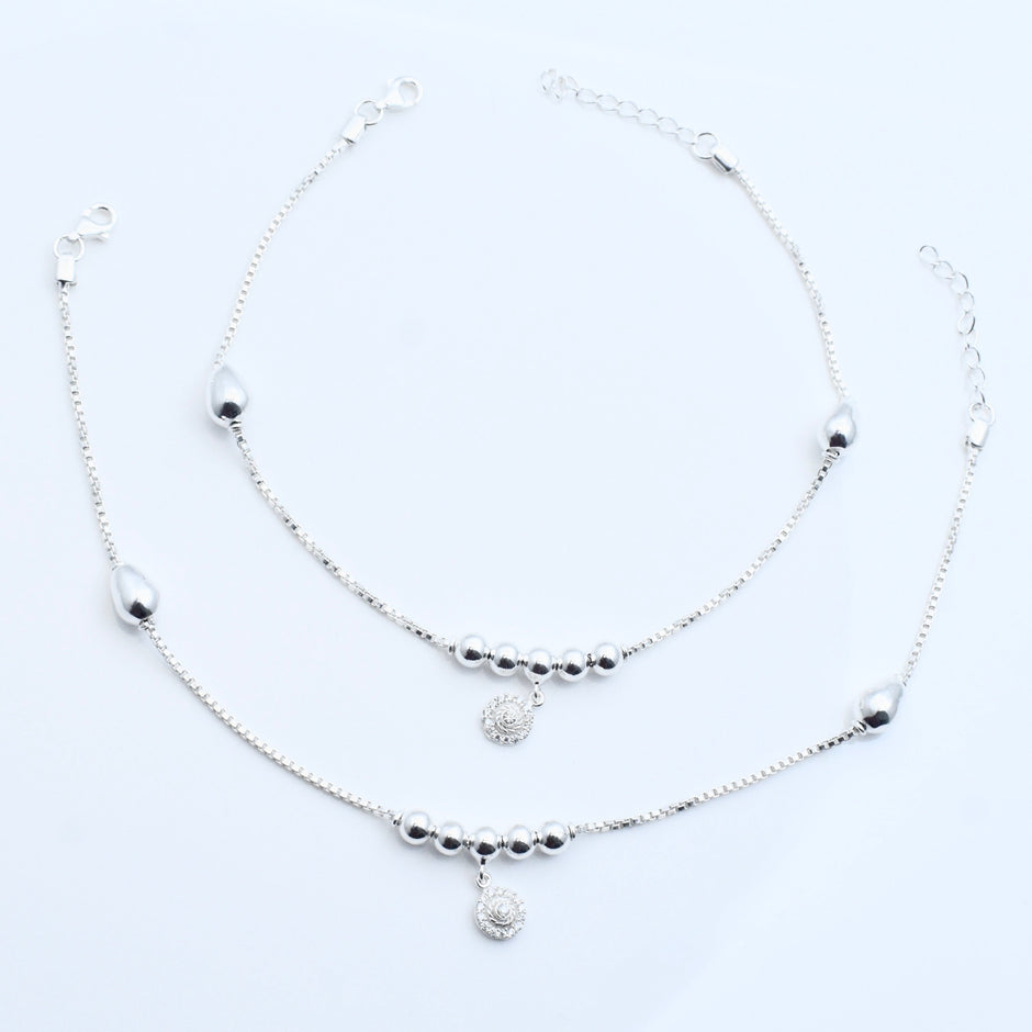 Teardrop Bead Sterling Silver Anklet with Charm