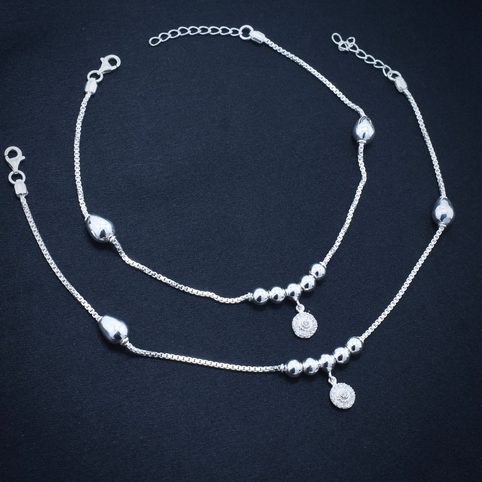 Teardrop Bead Sterling Silver Anklet with Charm