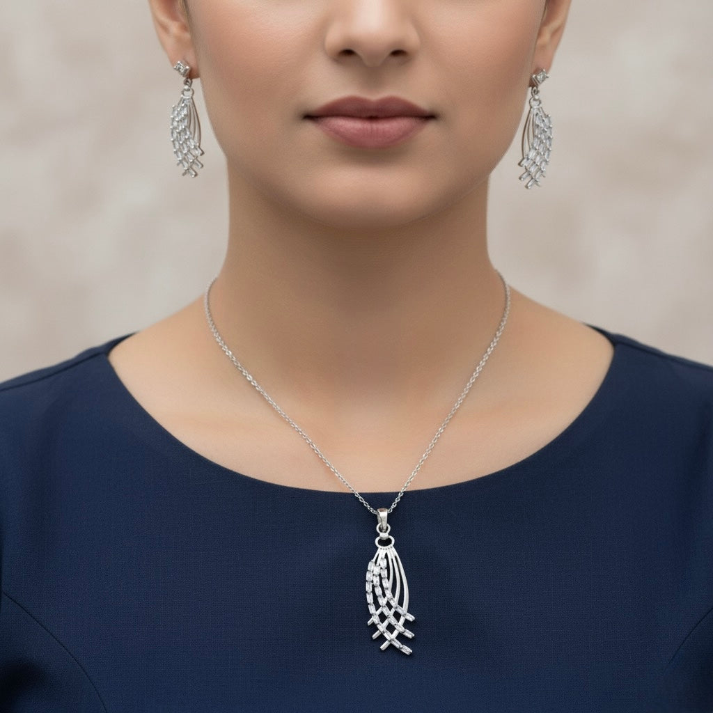 Crystal Plume Silver Pendant Set