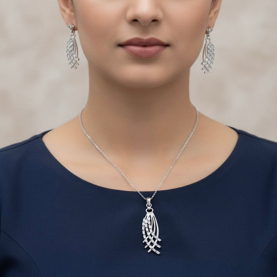 Crystal Plume Silver Pendant Set