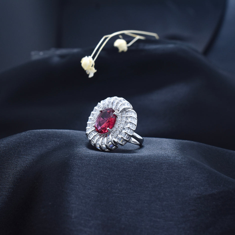 Silver Crimson Bloom Spark Ring