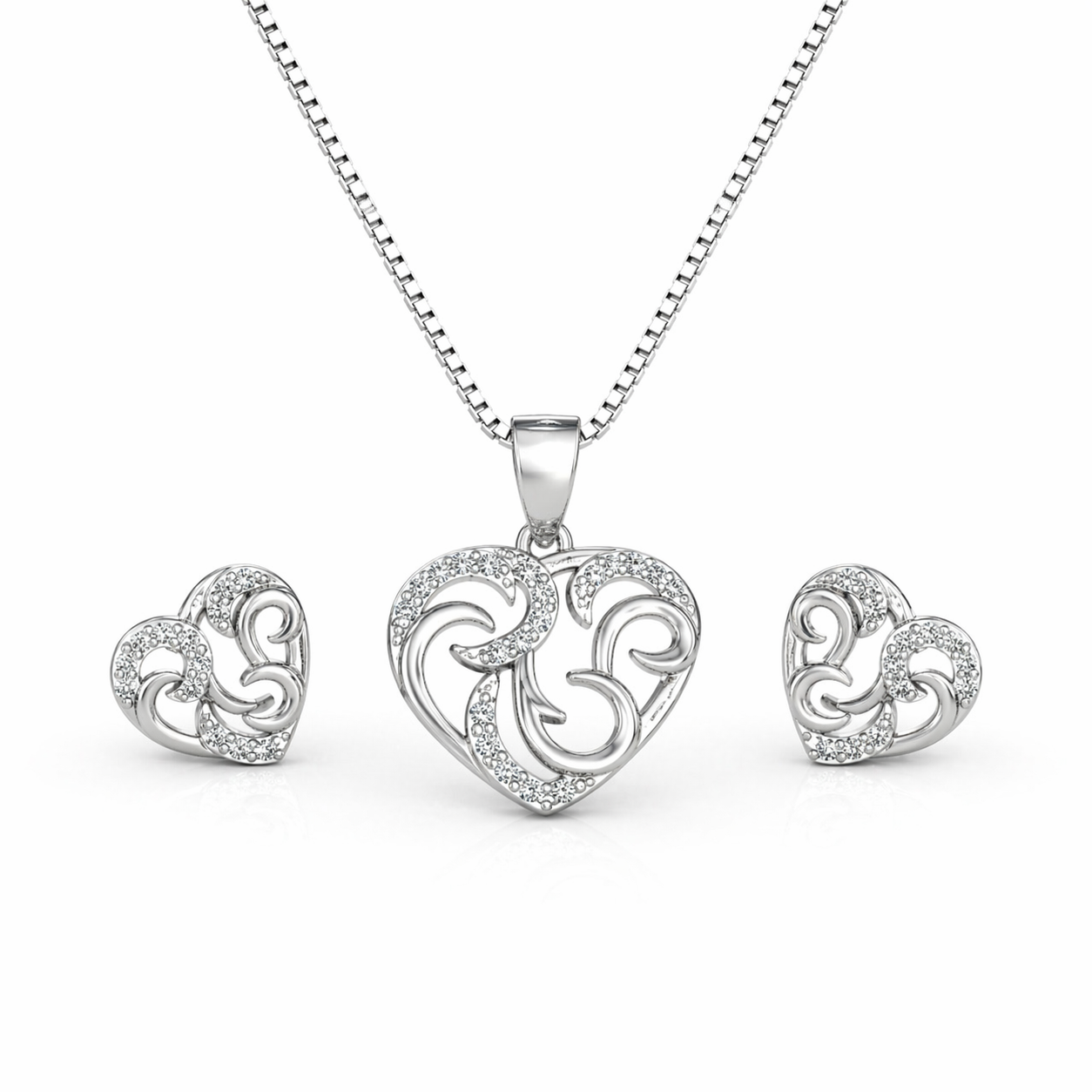 Heart Pendant Set with Chain & Earrings