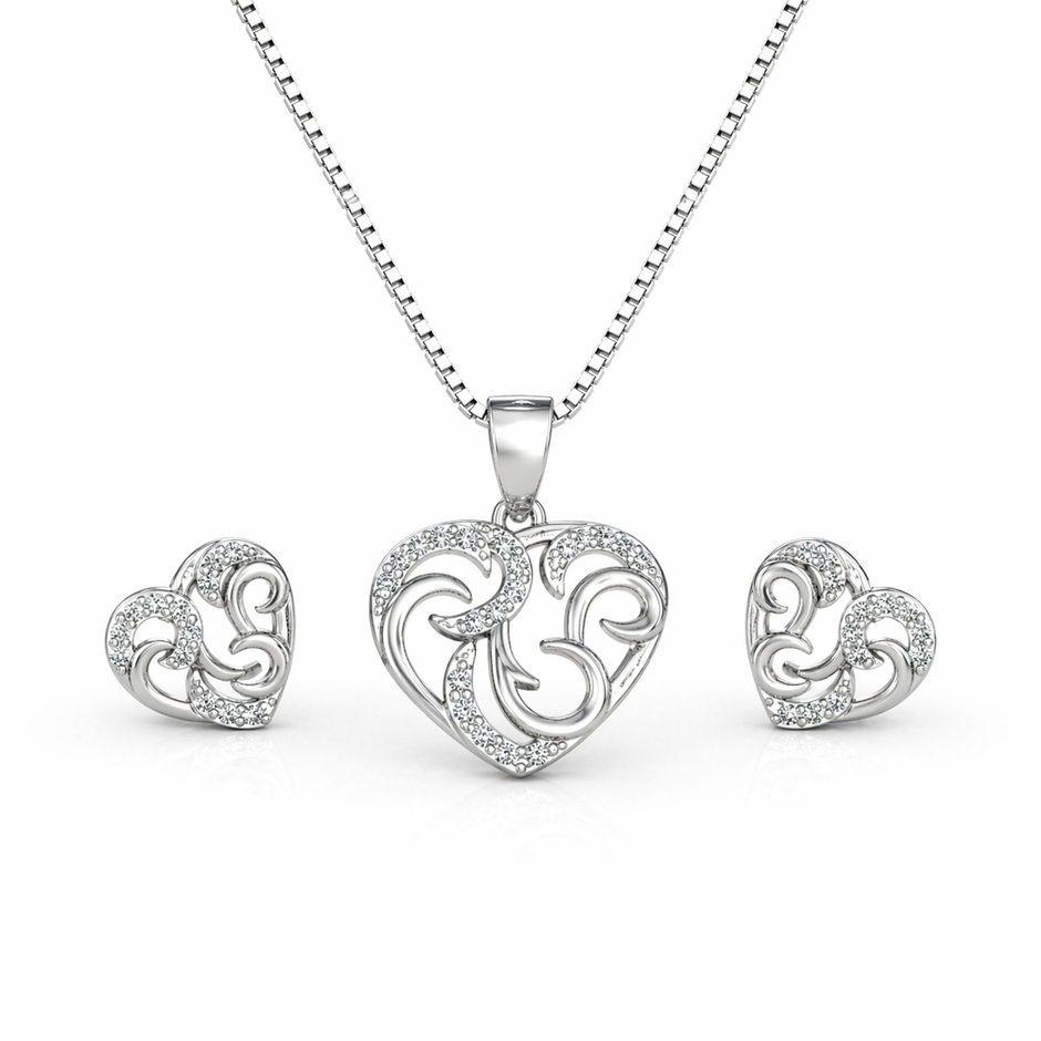 Heart Pendant Set with Chain & Earrings