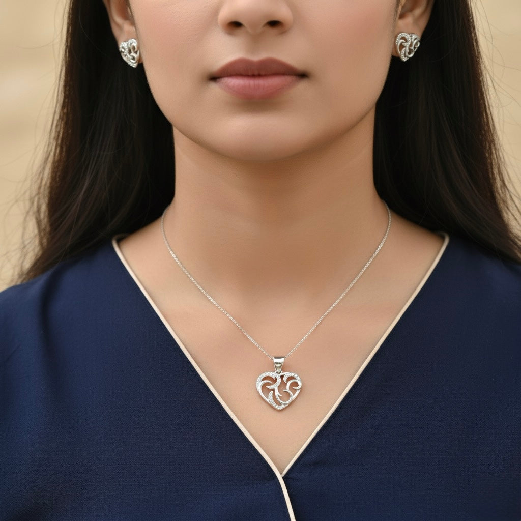 Heart Pendant Set with Chain & Earrings