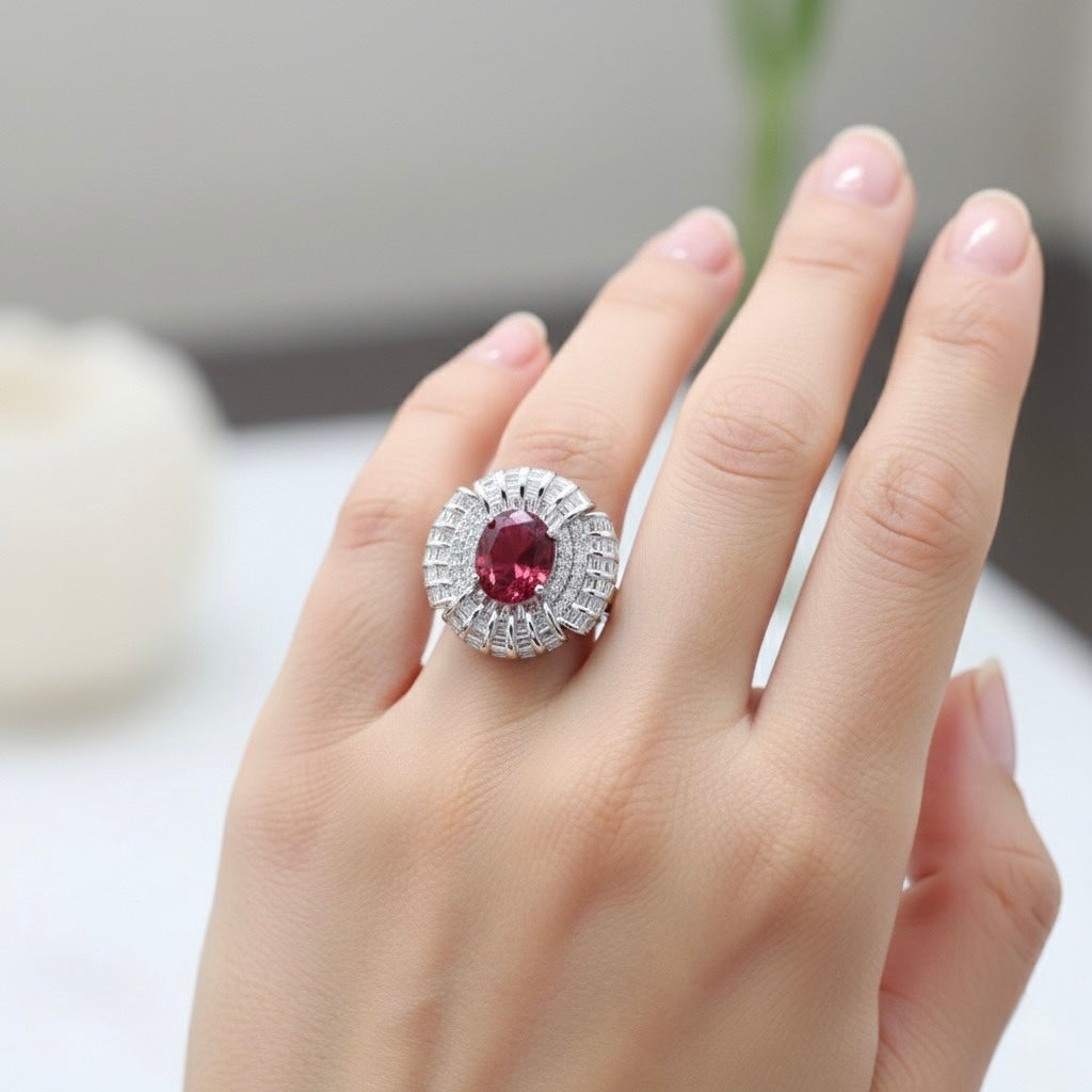 Silver Crimson Bloom Spark Ring