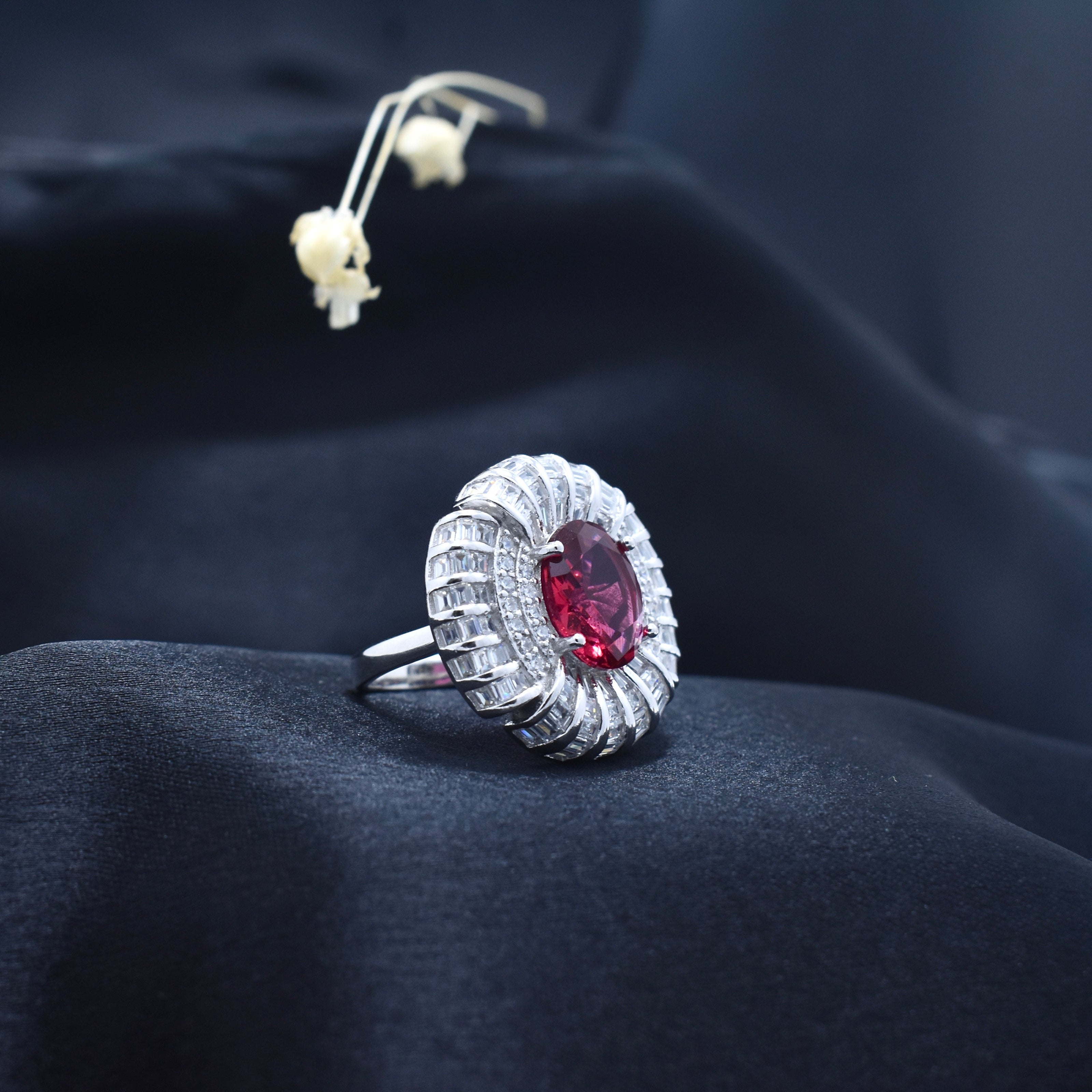 Silver Crimson Bloom Spark Ring