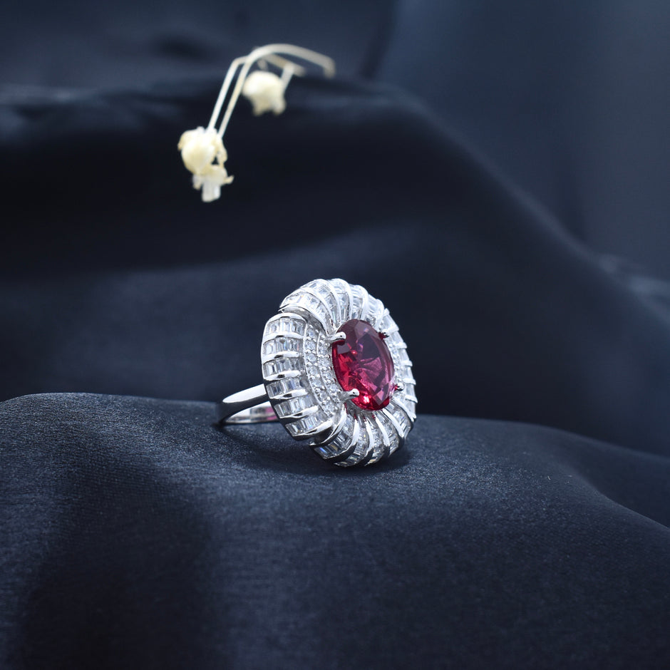 Silver Crimson Bloom Spark Ring