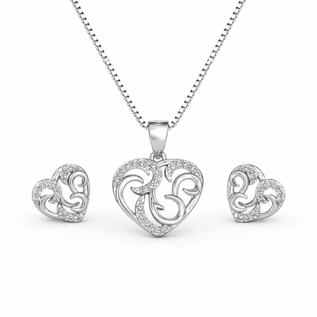 Heart Pendant Set with Chain & Earrings