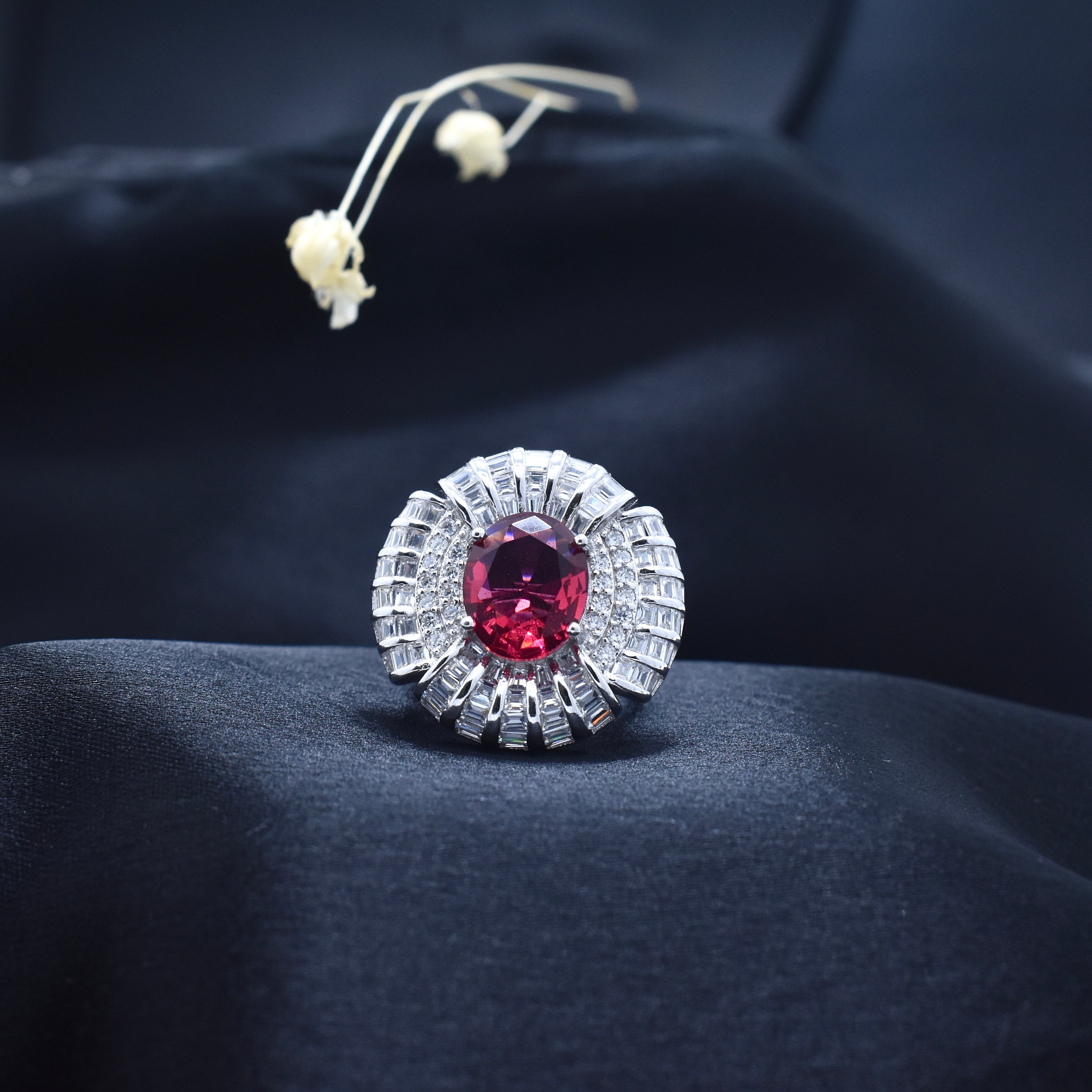 Silver Crimson Bloom Spark Ring