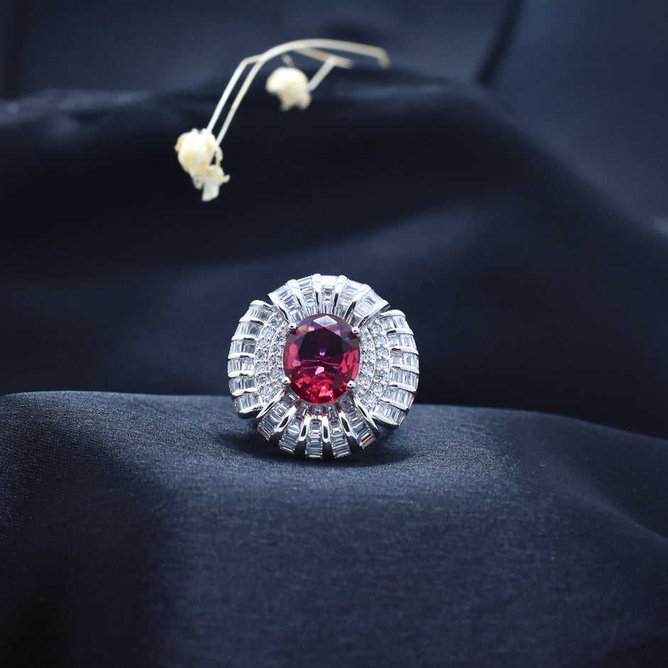 Silver Crimson Bloom Spark Ring