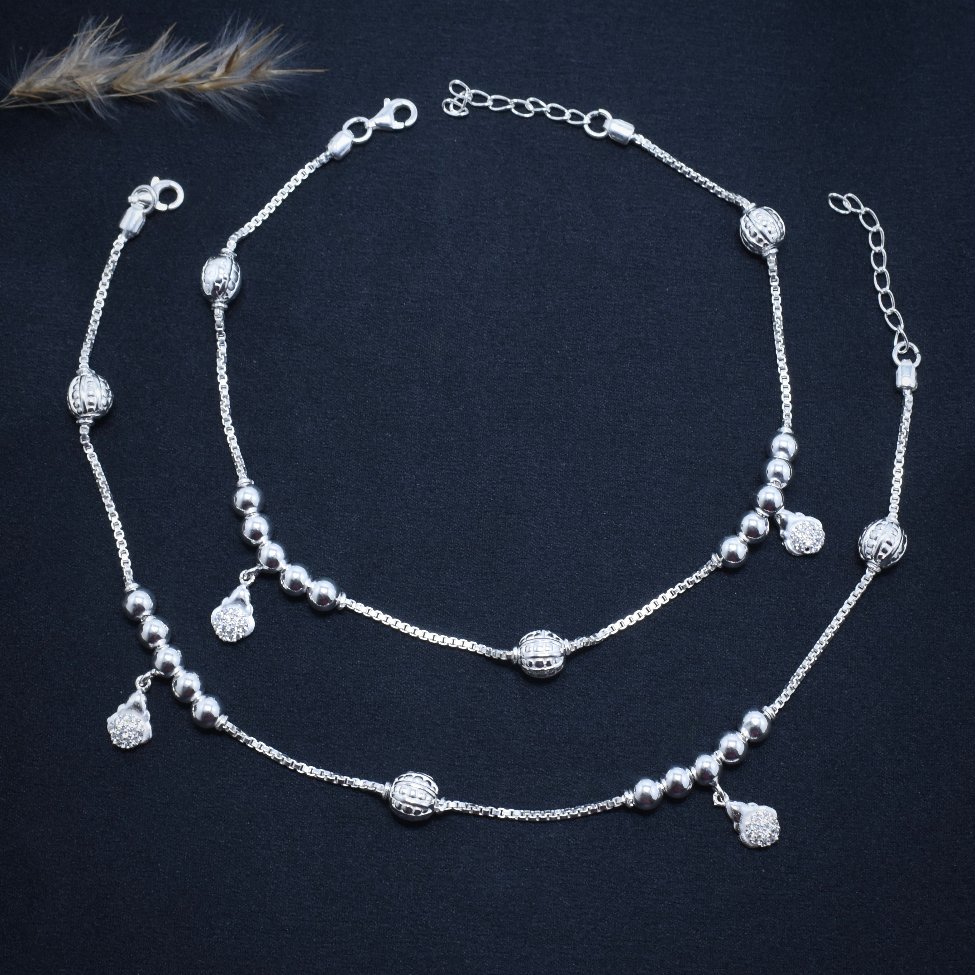 Dual Bead Charm Silver Anklet