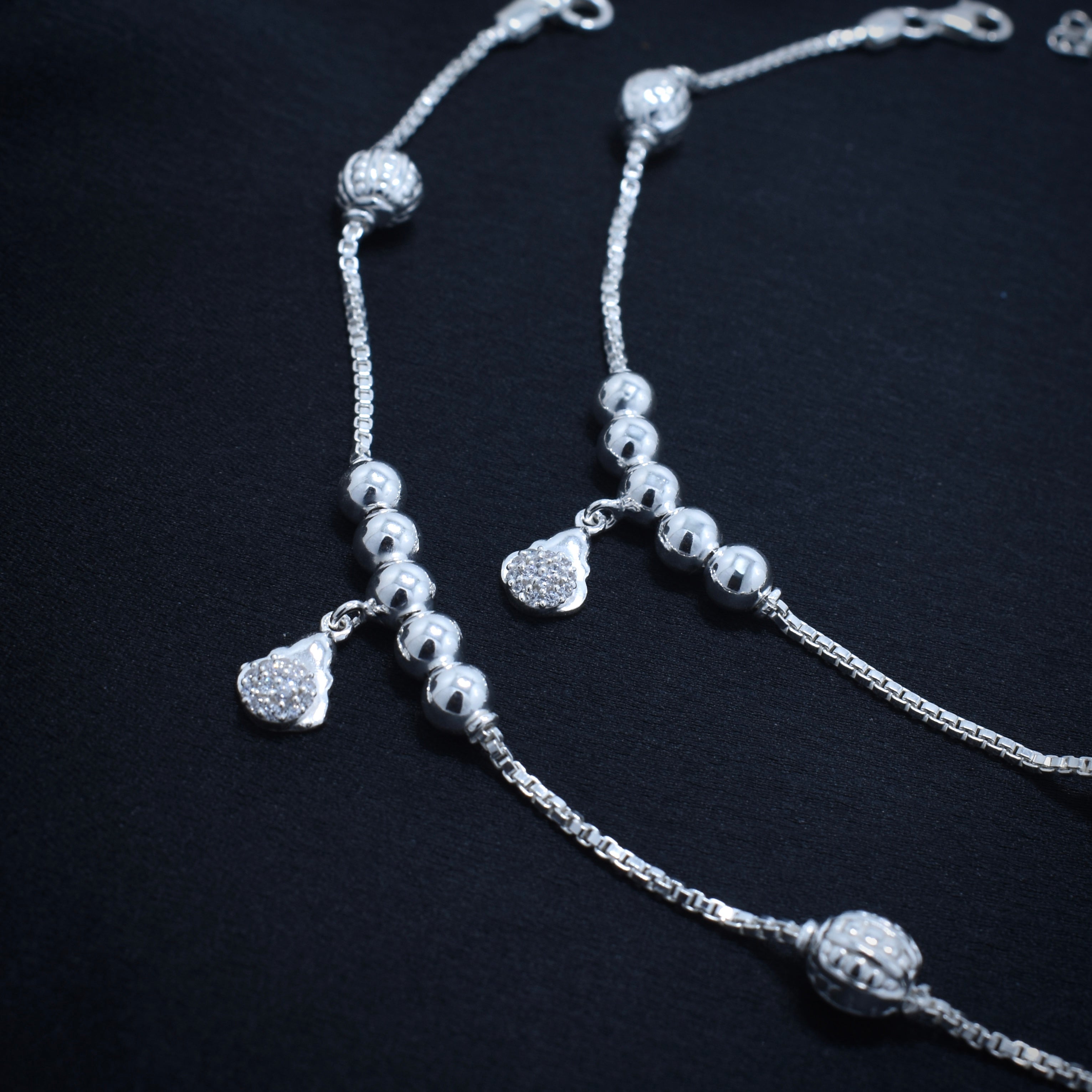 Dual Bead Charm Silver Anklet