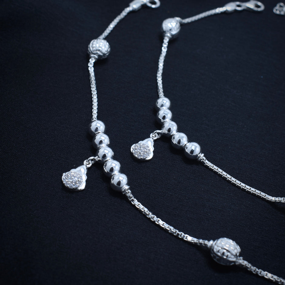 Dual Bead Charm Silver Anklet