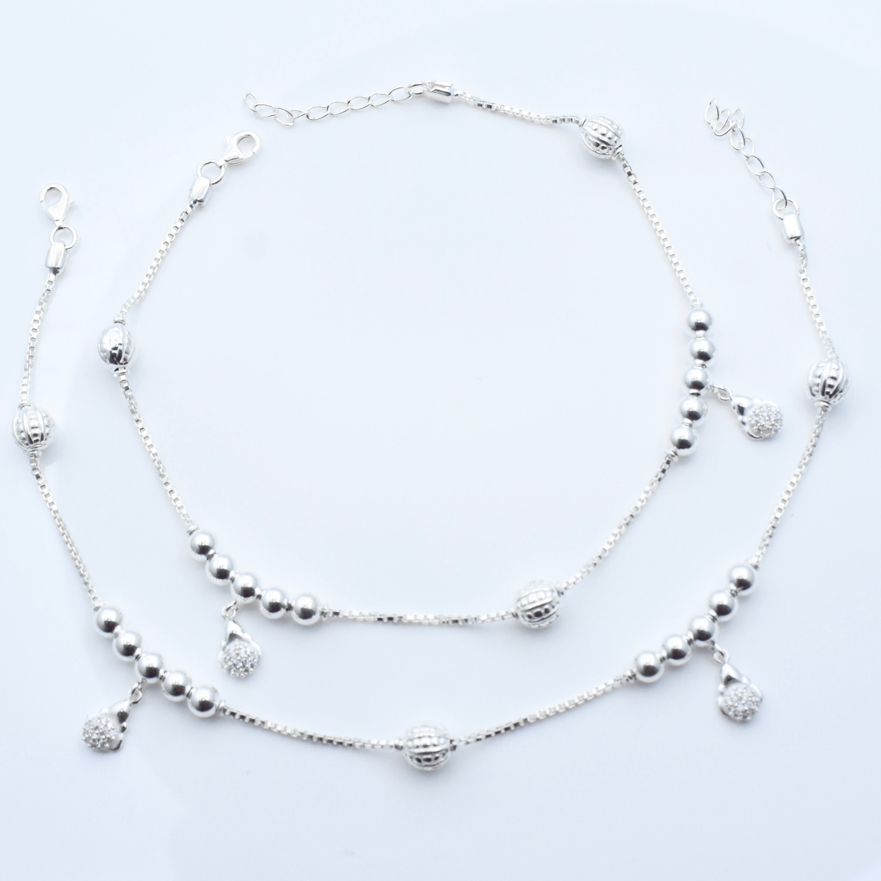 Dual Bead Charm Silver Anklet