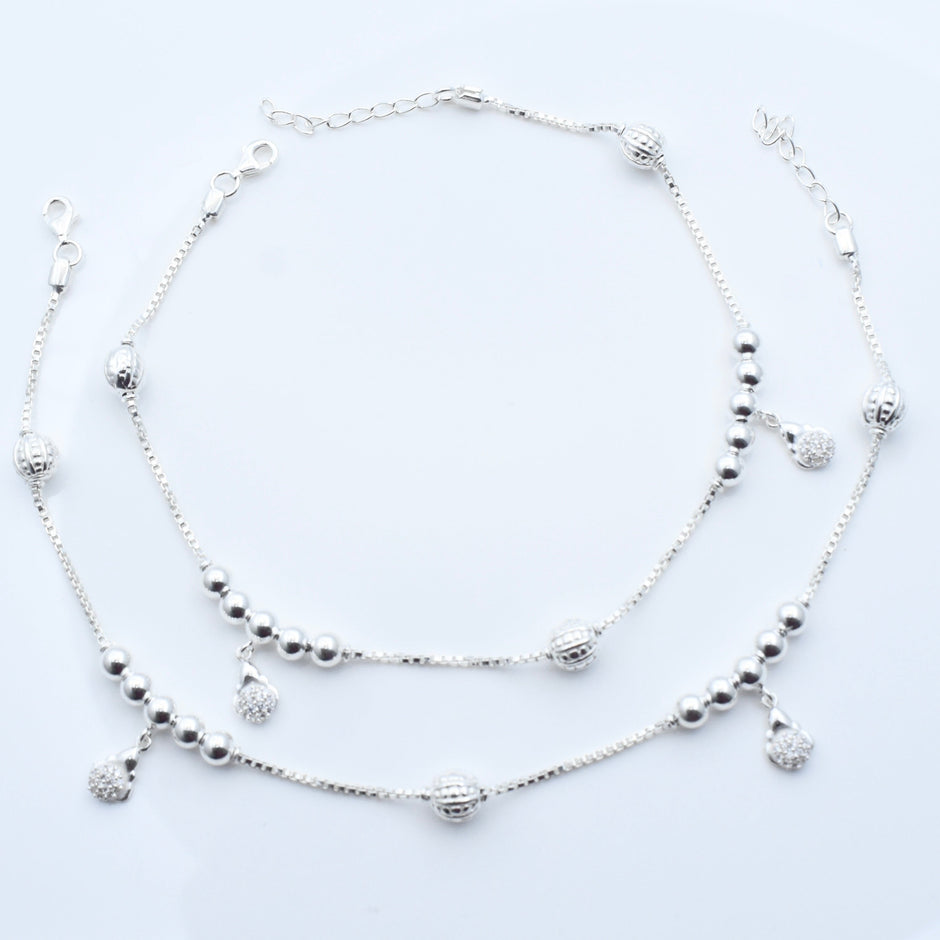 Dual Bead Charm Silver Anklet