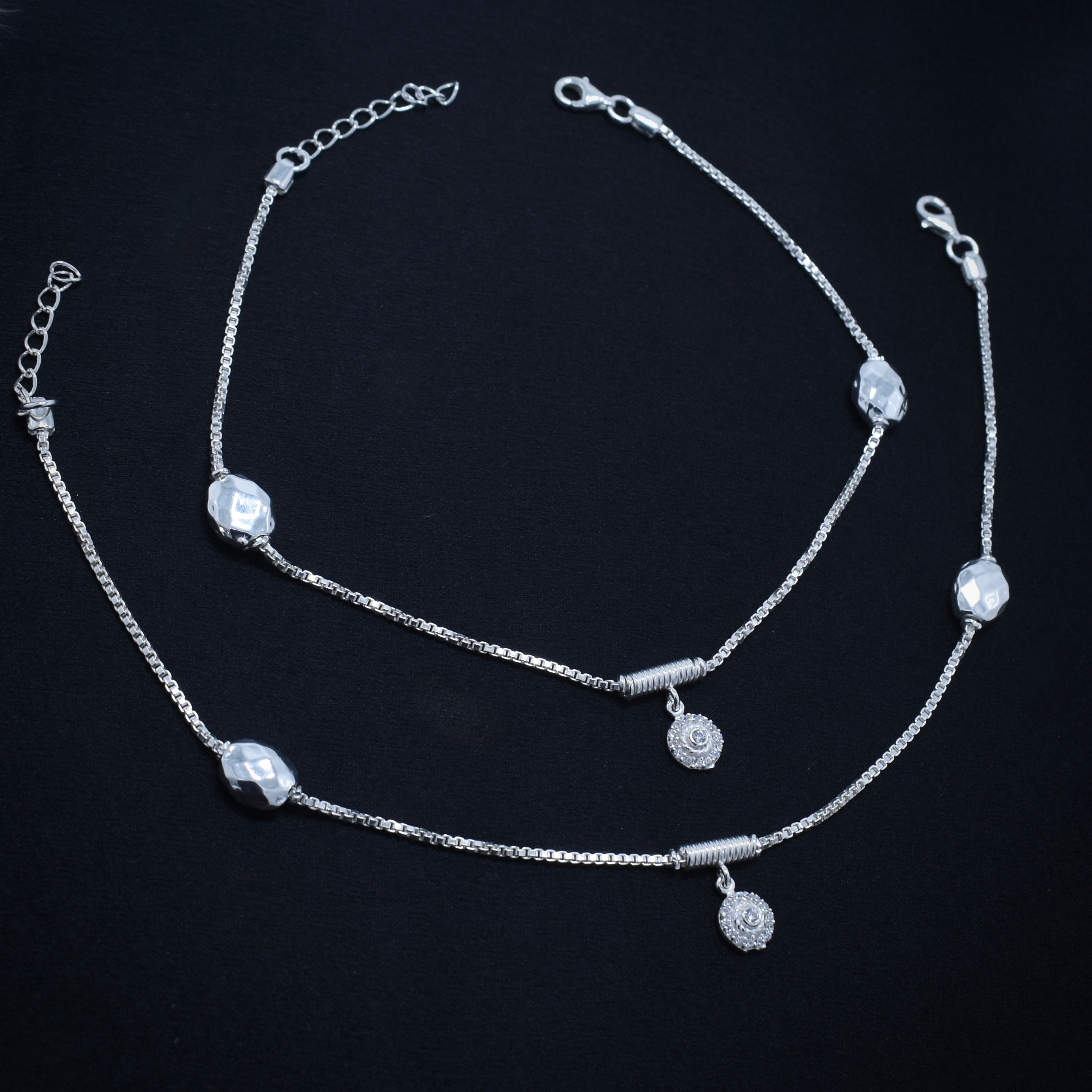 Elegant Beaded Charm Chain Silver Anklet