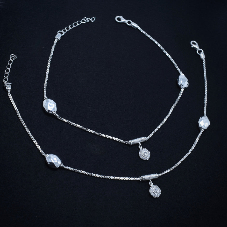 Elegant Beaded Charm Chain Silver Anklet