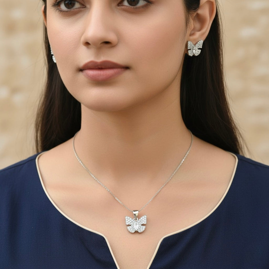 Butterfly Sparkle Silver Pendant Set