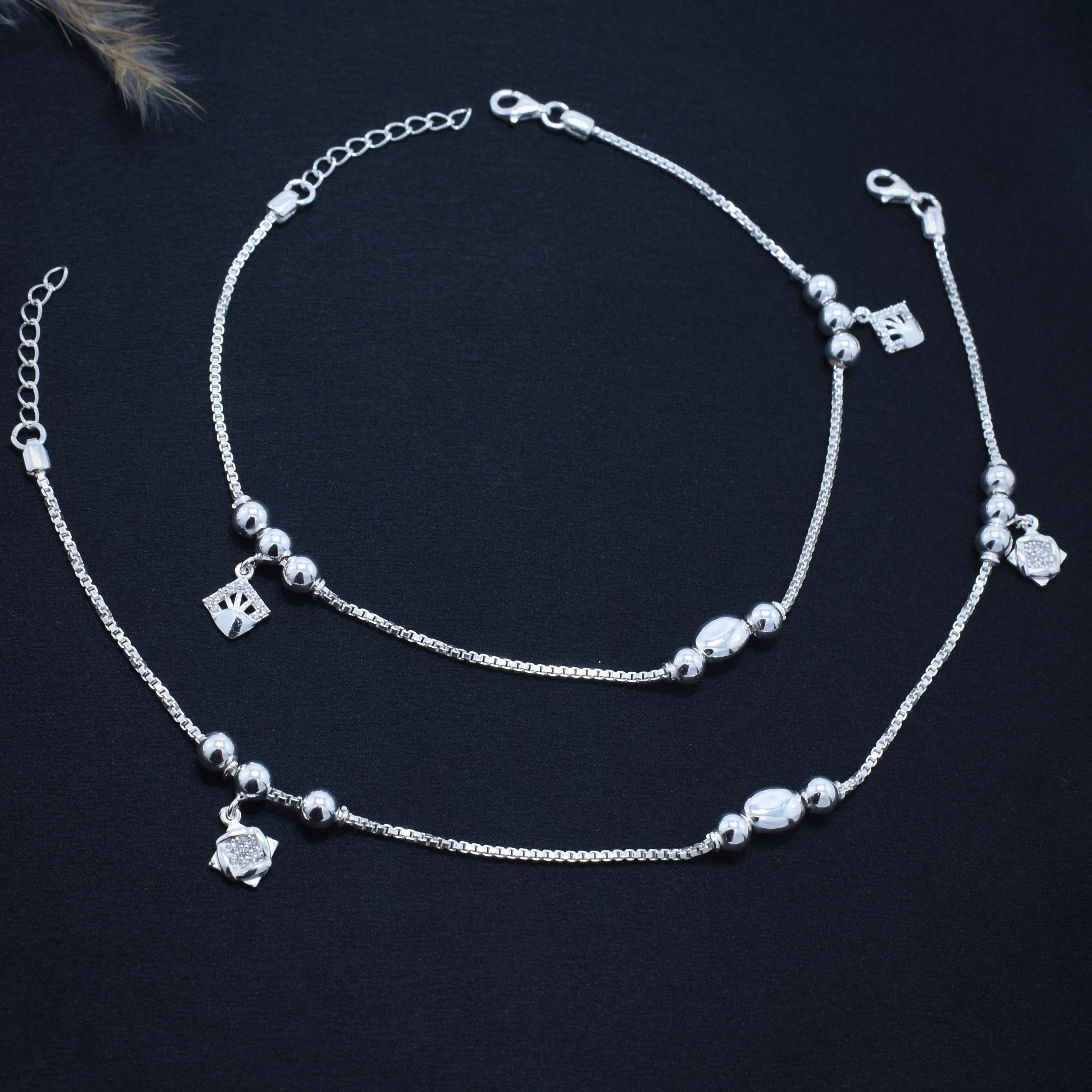 Elegant Beaded Charm Silver Anklet