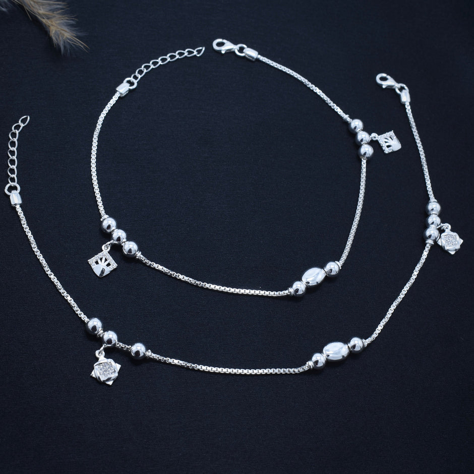 Elegant Beaded Charm Silver Anklet