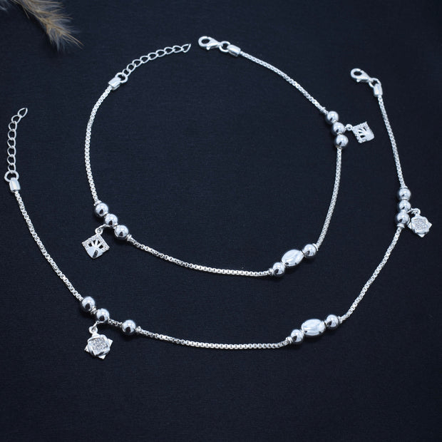 Elegant Beaded Charm Silver Anklet