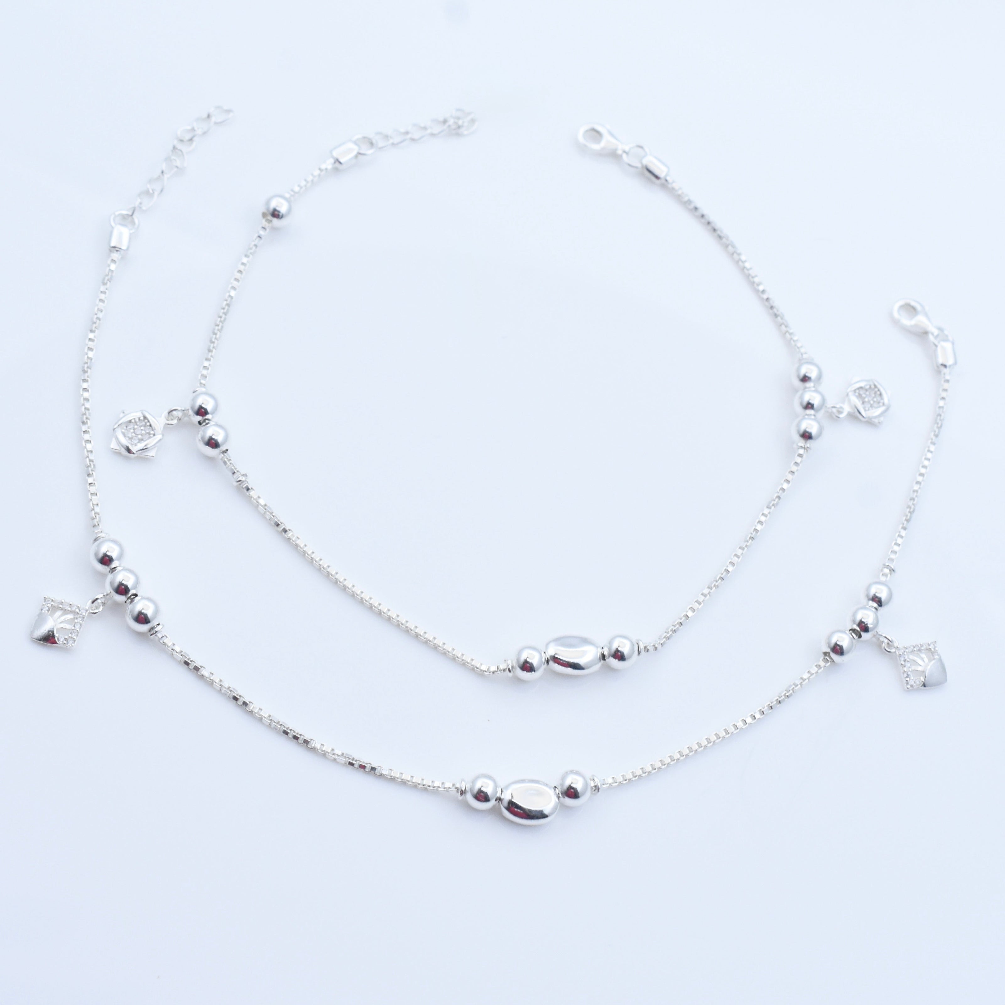 Elegant Beaded Charm Silver Anklet