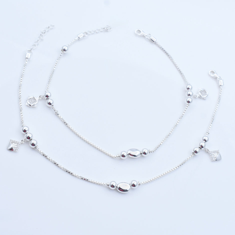 Elegant Beaded Charm Silver Anklet
