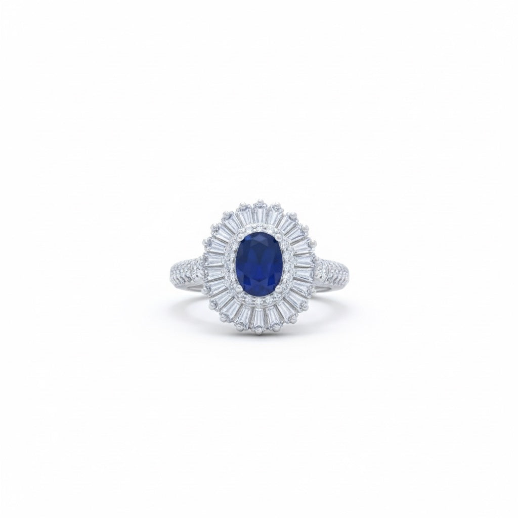 Oval Blue Stone Halo Ring with Baguette Surround