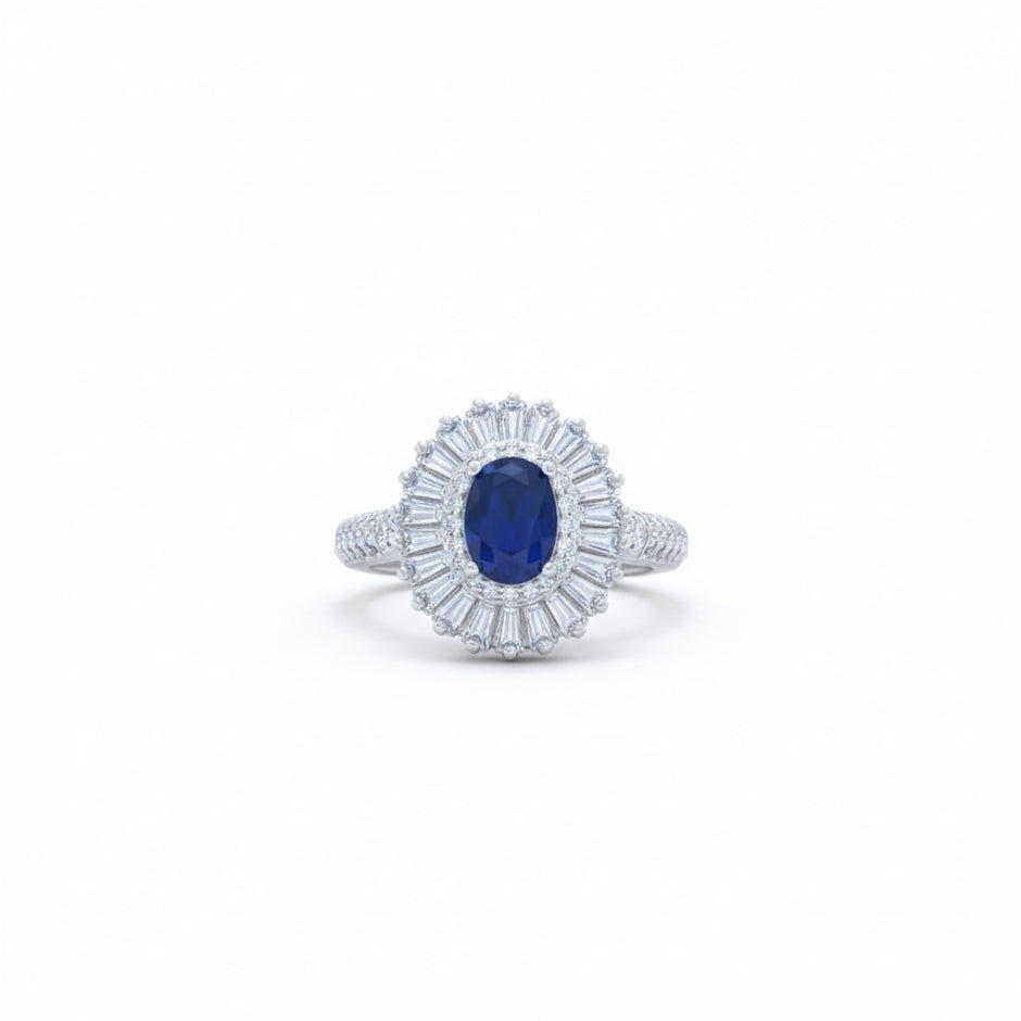 Oval Blue Stone Halo Ring with Baguette Surround