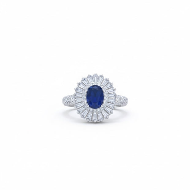 Oval Blue Stone Halo Ring with Baguette Surround