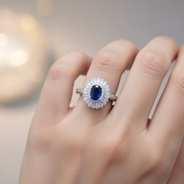 Oval Blue Stone Halo Ring with Baguette Surround