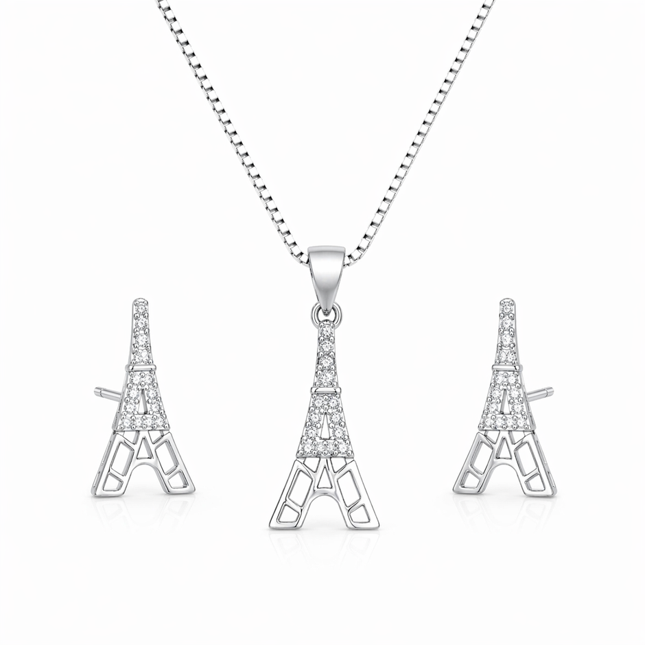 Eiffel Tower Pendant Set with Chain and Earrings