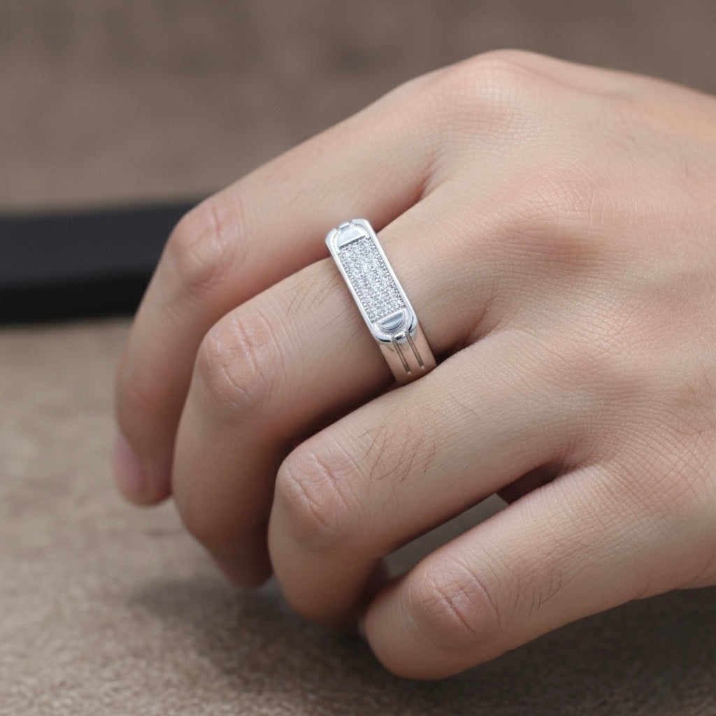 Delicate Minimalist Pave Bar Silver Ring