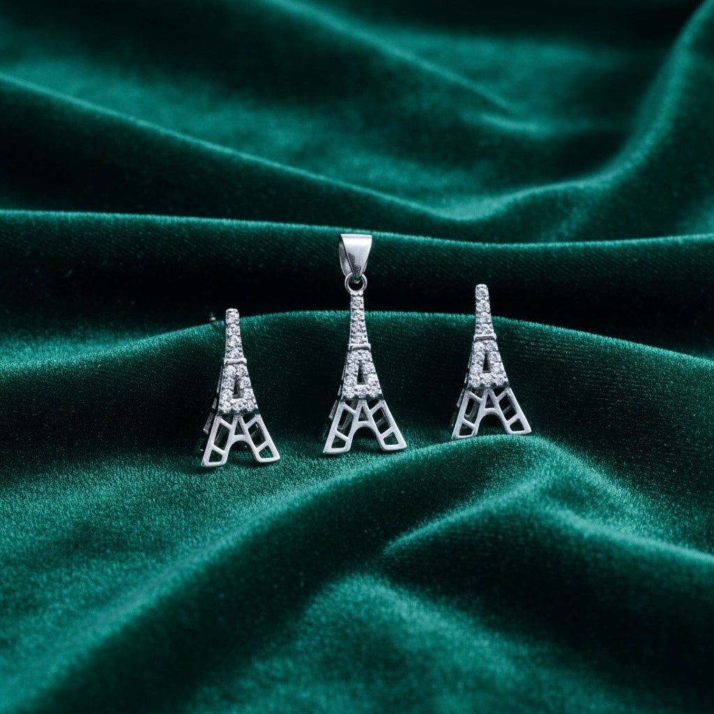 Eiffel Tower Pendant Set with Chain and Earrings