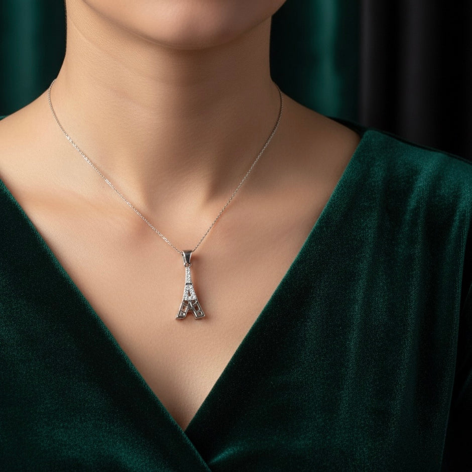 Eiffel Tower Pendant Set with Chain and Earrings