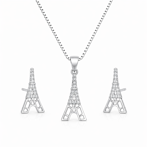 Eiffel Tower Pendant Set with Chain and Earrings